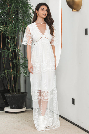 Vestido de fiesta formal de encaje maxi boho blanco